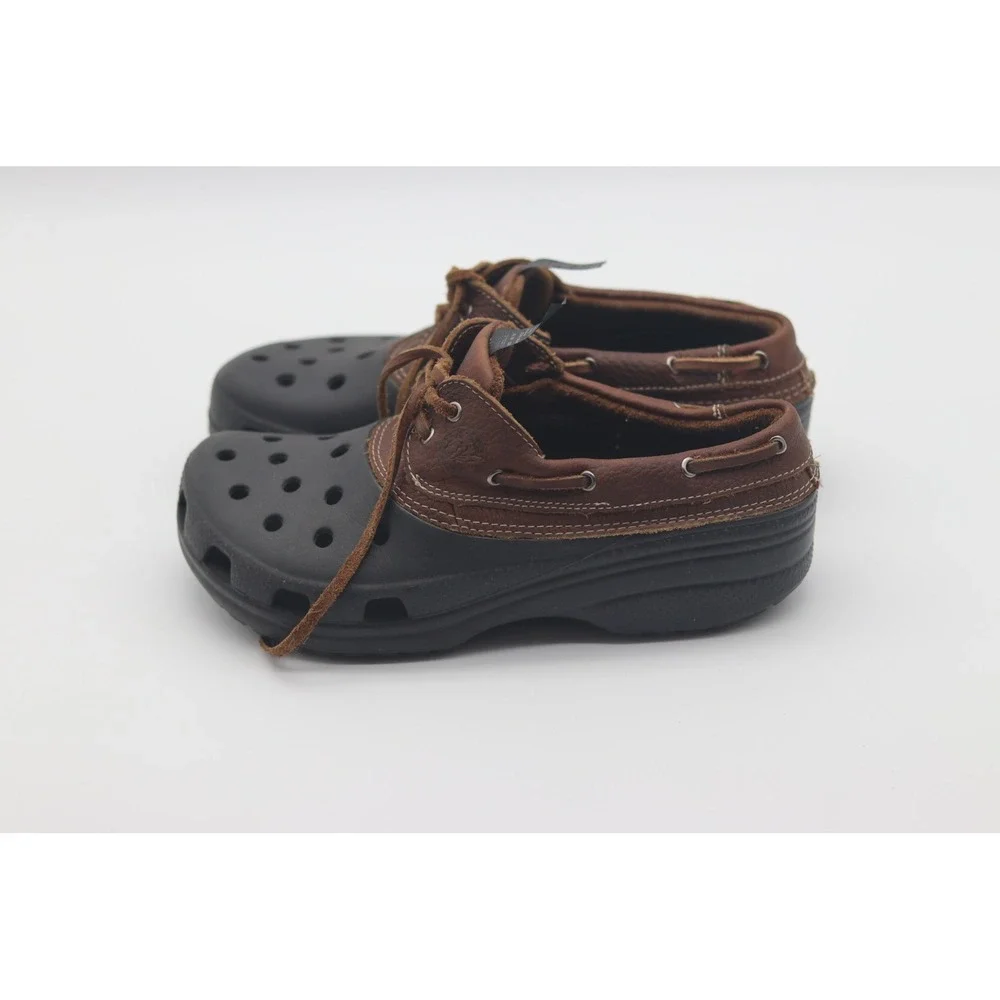 Crocs Leather Boat Shoe Clogs Brown Black Mens 6 Womens 8 Water Resistant Hybrid